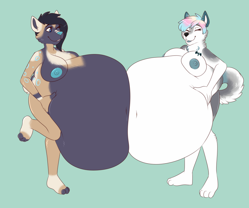 6:5 african_wild_dog anthro belly belly_inflation belly_play belly_squeeze belly_squish big_belly canid canine canis claire_(xausr32) domestic_dog duo female female/female hi_res husky hyper hyper_belly inflation liquid_inflation lutsy mammal nordic_sled_dog nude spitz squish swollen_breasts xchiseaxmargaritax