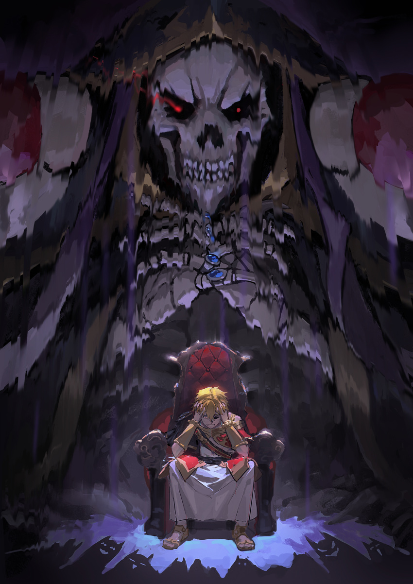 2boys absurdres ainz_ooal_gown blonde_hair blue_gemstone clenched_teeth dress full_body gem glowing glowing_eye highres jircniv_rune_farlord_el_nix lich long_dress multiple_boys overlord_(maruyama) own_hands_clasped own_hands_together red_eyes short_hair sitting skeleton teeth throne white_dress xtai5