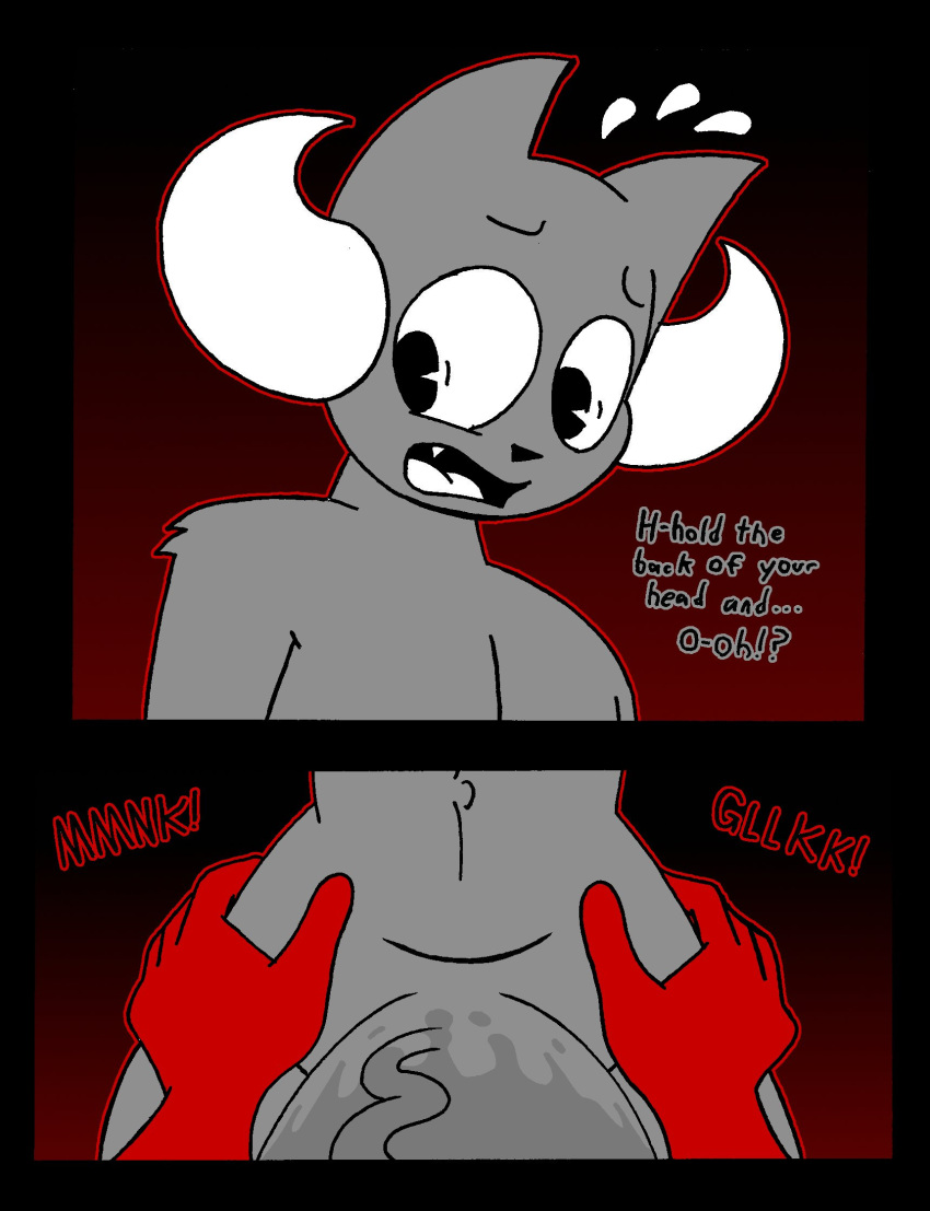 anthro axel_(rexon02) comic dialogue dott_(rexon02) duo english_text fellatio fellatio_pov female genitals grey_body hi_res horn lagomorph leporid male male/female mammal oral oral_penetration penetration penile penis rabbit red_body rexon02 sex text vein veiny_penis