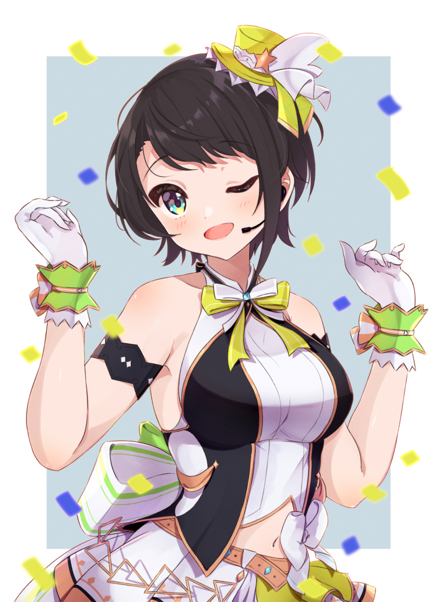 1girl ;d arm_strap belt black_hair blue_eyes border bow bowtie brown_belt gloves grey_background head_tilt highres hololive hololive_idol_uniform looking_at_viewer microphone midriff navel one_eye_closed oozora_subaru pleated_skirt shiny shiny_hair shirt short_hair skirt sleeveless sleeveless_shirt smile solo stomach suzushika_(13_96) virtual_youtuber white_border white_bow white_bowtie white_gloves white_shirt white_skirt yellow_bow yellow_bowtie