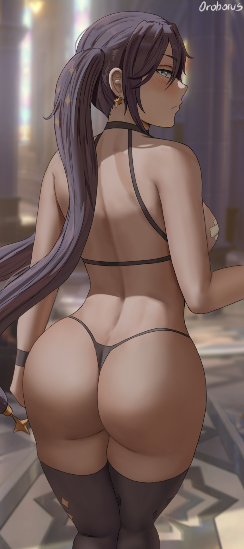 1girl artist_name ass back bandaid bandaids_on_nipples black_hair black_panties black_thighhighs black_wristband blurry blurry_background breasts closed_mouth covered_nipples earrings from_behind genshin_impact green_eyes hair_between_eyes hair_ornament halterneck highres jewelry light_frown long_hair looking_at_viewer looking_back medium_breasts mona_(genshin_impact) oroborus panties pasties profile solo star_(symbol) star_earrings star_hair_ornament thighhighs thong twintails underwear