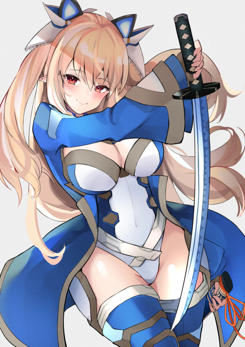 1girl avatar_(pso2) bangs blonde_hair blue_jacket blue_thighhighs breasts brown_gloves cleavage closed_mouth commentary_request commission covered_navel cowboy_shot cropped_jacket fingerless_gloves gloves hair_between_eyes headgear highleg highleg_leotard highres holding holding_sheath holding_sword holding_weapon jacket katana large_breasts leotard long_hair long_sleeves looking_at_viewer numako_(pizza_kanon) original phantasy_star phantasy_star_online_2 pointy_ears red_eyes second-party_source sheath shrug_(clothing) simple_background skeb_commission smile solo sword thighhighs unsheathed valgiris waist_cape weapon white_background white_leotard wide_sleeves yudetama