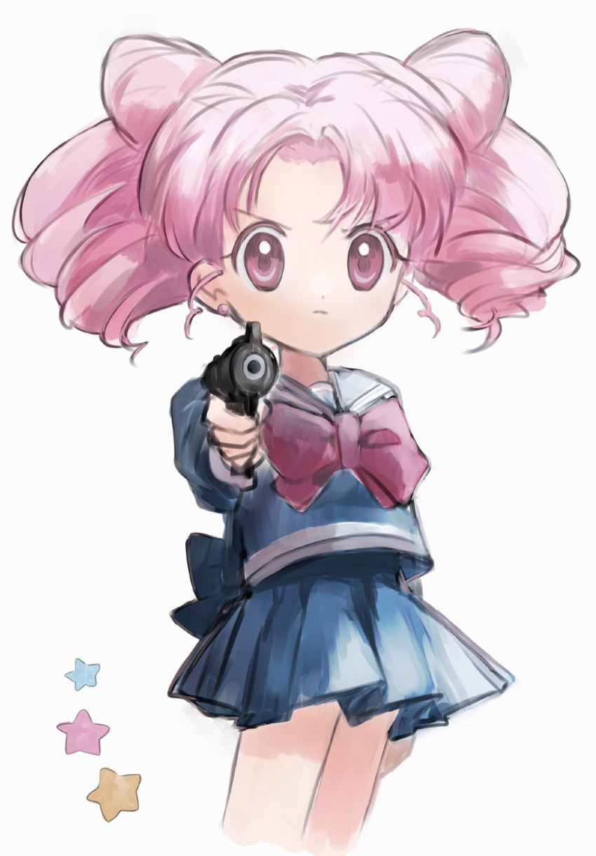 1girl bangs bishoujo_senshi_sailor_moon blue_sailor_collar blue_shirt blue_skirt bow bowtie chibi_usa cone_hair_bun double_bun earrings gun hair_bun hano_luno highres jewelry long_sleeves looking_at_viewer medium_skirt parted_bangs pink_hair pleated_skirt pointing_gun red_bow red_bowtie red_eyes sailor_collar school_uniform serafuku shirt short_hair short_twintails simple_background skirt solo stud_earrings twintails v weapon white_background