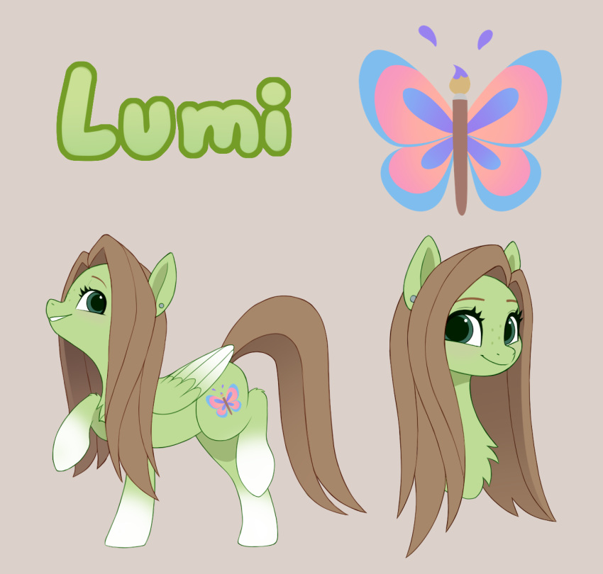 chest_tuft cutie_mark digital_media_(artwork) equid equine eyebrows eyelashes fan_character feathered_wings feathers female feral folded_wings green_body green_eyes green_feathers hair happy hasbro hi_res long_hair lumi_(luminousdazzle) luminousdazzle mammal my_little_pony pegasus simple_background smile tuft wings