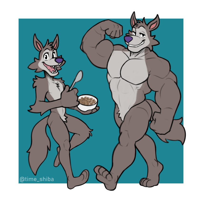 2022 abs absurd_res anthro barazoku bedroom_eyes biceps big_muscles blue_background border bowl canid canine canis cereal chip_the_wolf container cookie_crisp cutlery featureless_crotch feet flexing food fur hi_res holding_bowl holding_container holding_food holding_object holding_spoon huge_muscles kitchen_utensils livingbread_(artist) looking_at_viewer male mammal mascot muscular muscular_anthro muscular_male narrowed_eyes nude obliques open_mouth open_smile pecs plantigrade seductive simple_background size_difference smile soles solo spoon square_crossover teeth text tongue tools tuft url walking white_border wolf