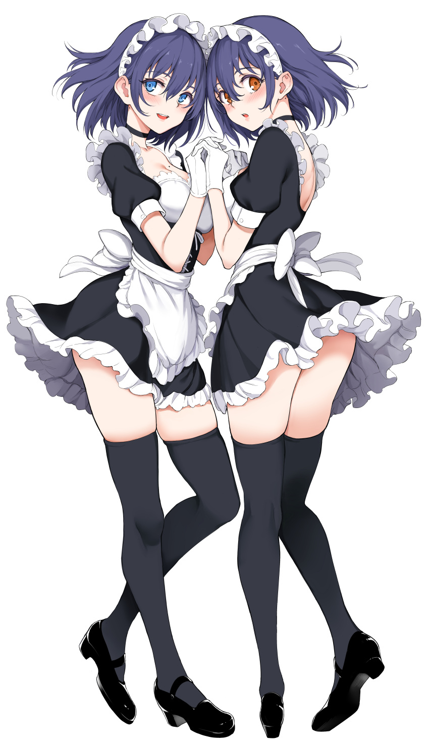 2girls absurdres apron asymmetrical_docking black_dress black_footwear blue_eyes blue_hair breast_press breasts commentary dress frilled_apron frilled_hairband frills full_body gloves hairband headdress highres holding_hands hoshizuki_kaede hoshizuki_suzu incest interlocked_fingers kaede_to_suzu kyokucho looking_at_viewer maid maid_apron maid_headdress mole mole_on_breast mole_on_neck multiple_girls puffy_short_sleeves puffy_sleeves shoes short_hair short_sleeves siblings sisters skirt twincest twins waist_apron white_apron white_gloves yellow_eyes yuri