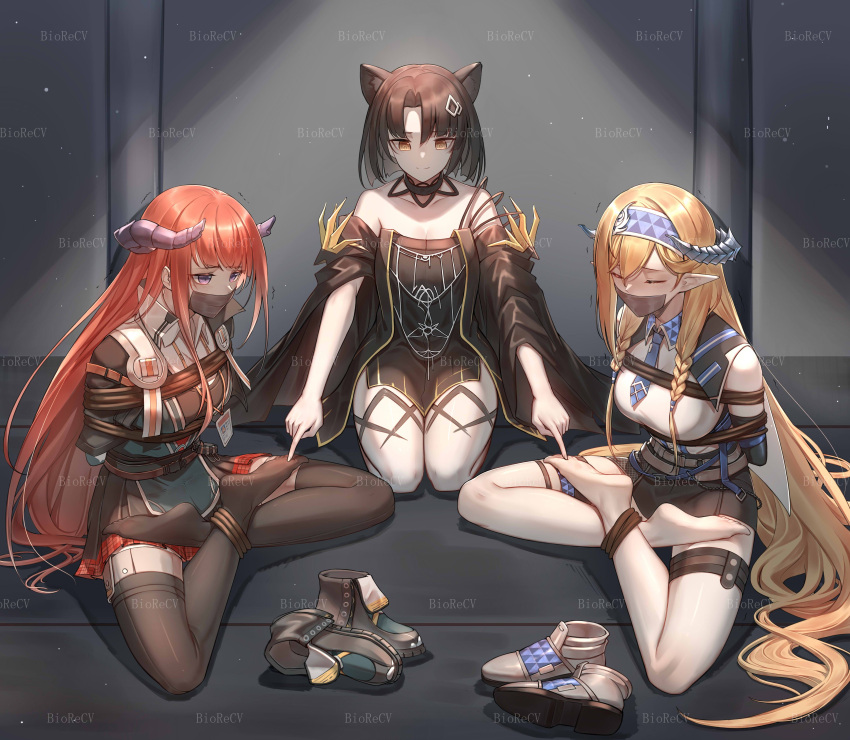 3girls absurdres animal_ears arknights arms_behind_back bagpipe_(arknights) bangs bare_shoulders bdsm black_choker black_dress black_hair black_thighhighs blonde_hair blue_hairband blue_necktie bondage bound bound_ankles braid breasts cat_ears chenjiyan_y chinese_commentary choker closed_eyes commentary_request commission dress feet gag gagged hairband highres horns improvised_gag indoors jacket large_breasts long_hair long_sleeves lotus_position mandragora_(arknights) multiple_girls necktie off-shoulder_dress off_shoulder orange_hair pantyhose plaid plaid_skirt pointy_ears purple_eyes red_skirt revision rope saileach_(arknights) second-party_source shirt shoes shoes_removed short_hair sitting skirt soles tape tape_gag thighhighs twin_braids very_long_hair watermark white_pantyhose white_shirt wide_sleeves