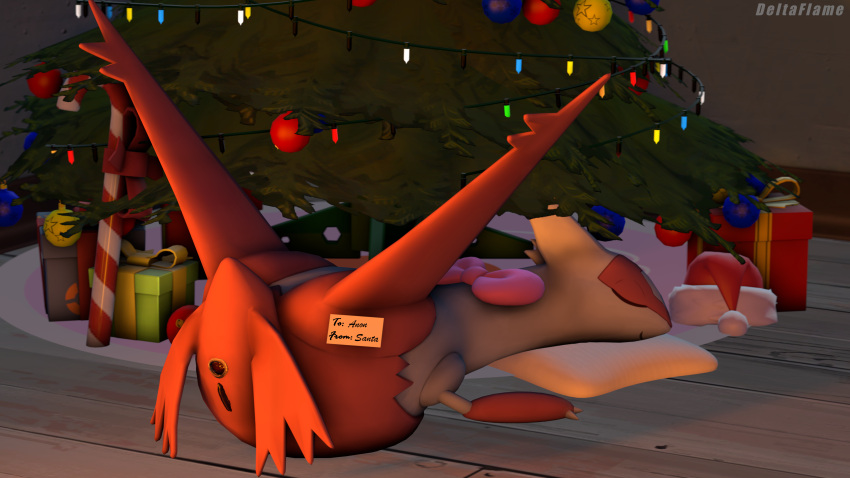 3d_(artwork) absurd_res anus candy candy_cane christmas christmas_clothing christmas_headwear christmas_lights christmas_ornament christmas_present christmas_tree clothing deltaflame dessert digital_media_(artwork) english_text female feral food generation_3_pokemon genitals hat headgear headwear hi_res holidays inside latias legendary_pokemon lying nintendo on_front pillow plant pokemon pokemon_(species) pussy santa_hat sleeping smile solo source_filmmaker text tree watermark