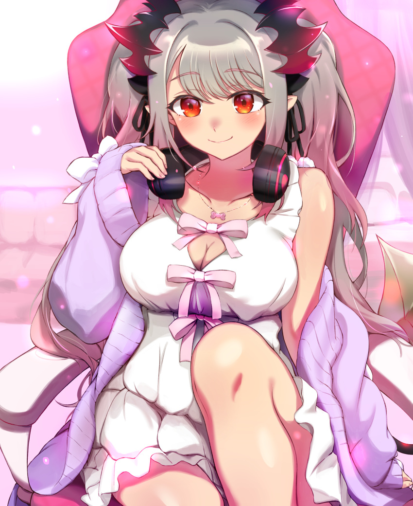 1girl 774_inc. absurdres blush bow breasts cardigan chair chicken_cat cleavage cleavage_cutout clothing_cutout cone_hair_bun demon_girl demon_horns demon_tail dress gaming_chair grey_hair hair_bun headphones headphones_around_neck highres honey_strap horns indoors jewelry large_breasts leg_up long_sleeves looking_at_viewer multicolored_hair necklace off_shoulder official_alternate_costume open_cardigan open_clothes pink_hair pointy_ears purple_cardigan red_eyes single_bare_shoulder sitting sleeveless sleeveless_dress smile solo suou_patra tail twintails underbust virtual_youtuber white_bow white_dress