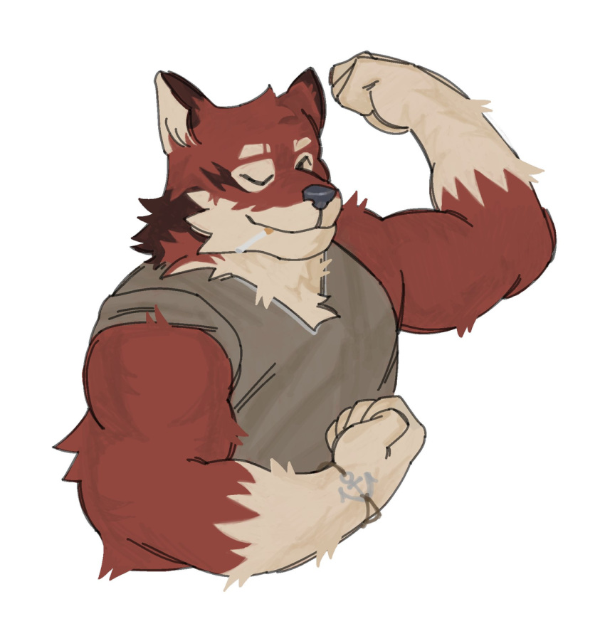 anthro benjidrawss_(artist) bracelet canid canine canis clothed clothing digital_media_(artwork) echo_(game) echo_(series) echo_project flexing flexing_bicep fur hair hi_res jewelry leo_alvarez looking_at_viewer male mammal muscular muscular_male one_eye_closed presenting red_body red_wolf simple_background smile solo solo_focus wink wolf