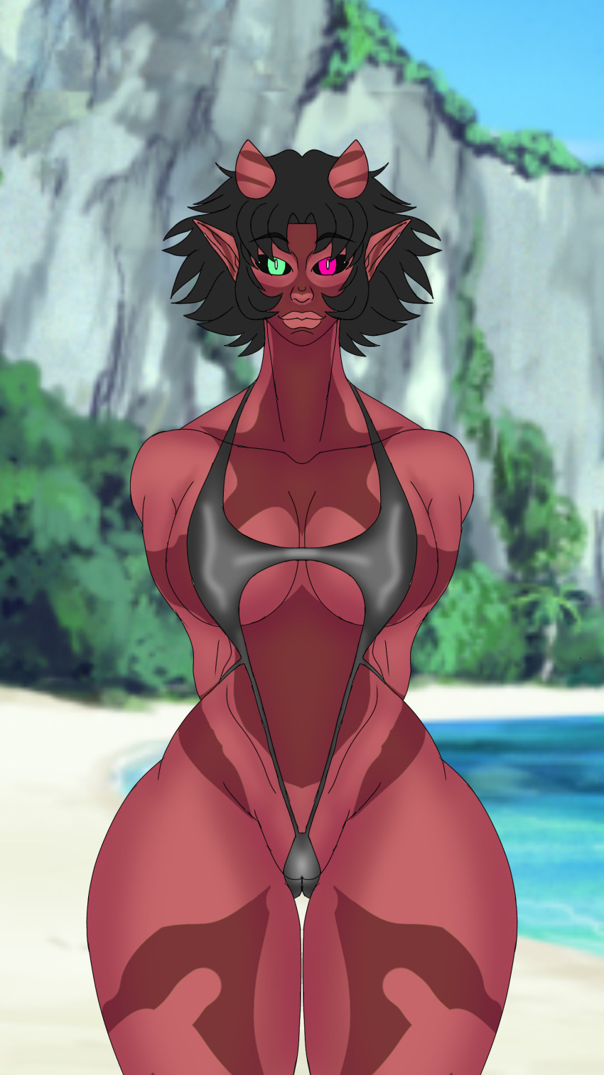 absurd_res beach black_hair black_sclera cliff_side clothed clothing curvaceous curvy_figure demon female hair heterochromia hi_res horn humanoid humanoid_pointy_ears marcy's_lewd_images multicolored_body mythlaia_(marcy's_lewd_images) plant red_body red_skin seaside shapeshifter skimpy skimpy_bikini succubus two_tone_body vitiligo voluptuous