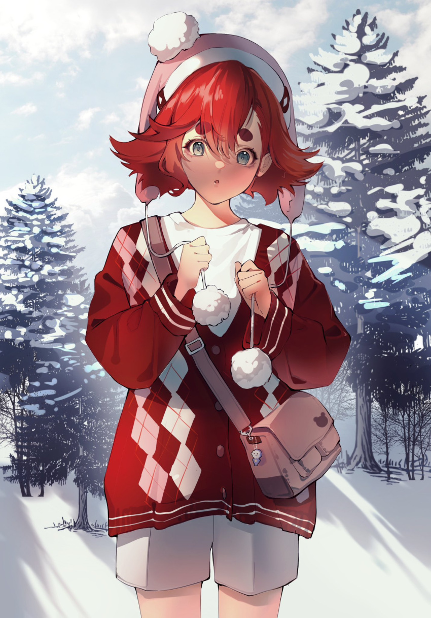 1girl :o bangs blue_eyes brown_bag cloud cowboy_shot gundam gundam_suisei_no_majo hair_between_eyes hat highres laun_000 looking_at_viewer open_mouth outdoors pink_headwear red_hair red_sweater_vest shirt short_hair shorts sky snow solo suletta_mercury sweater_vest thick_eyebrows tree white_shirt white_shorts winter