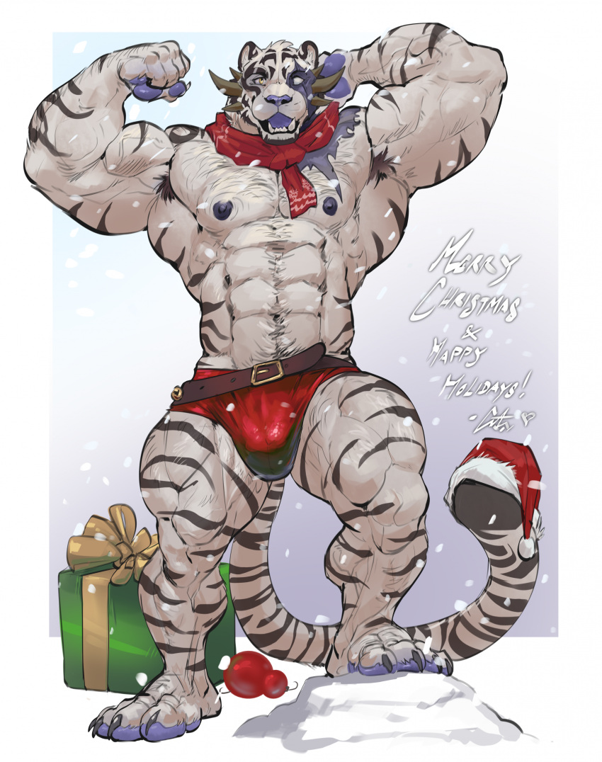 anthro bulge clothed clothing felid fur grimfaust_(nightterror) hi_res male mammal muscular muscular_anthro muscular_male nightterror nipples pantherine partially_clothed solo striped_body striped_fur stripes tiger