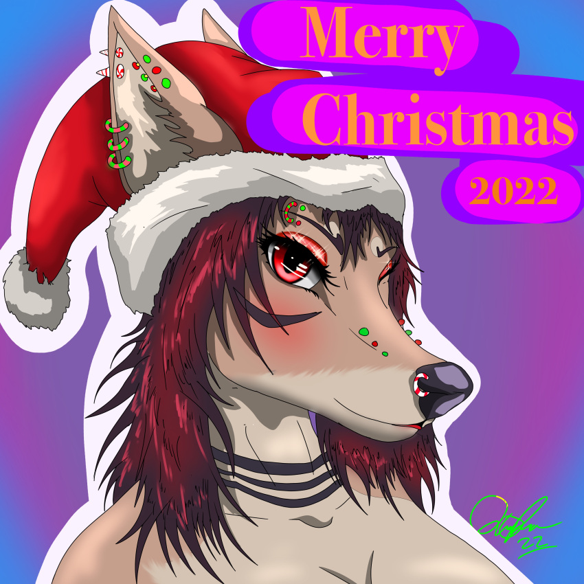 2022 absurd_res anthro blush canid canine canis christmas christmas_clothing christmas_headwear clothing digital_media_(artwork) dragon ear_piercing eyebrow_piercing eyeliner facial_piercing female festive festive_clothing fur fur_markings furgonomics furry-specific_piercing hair hat headgear headwear hi_res holidays hybrid lipstick lorelei_(lynxdts) lynxdts makeup mammal markings mascara multicolored_body multicolored_fur muzzle_piercing neck_markings nose_piercing piercing red_eyes red_hair santa_hat simple_background smile solo solo_focus solo_in_panel text wagon(species) wolf