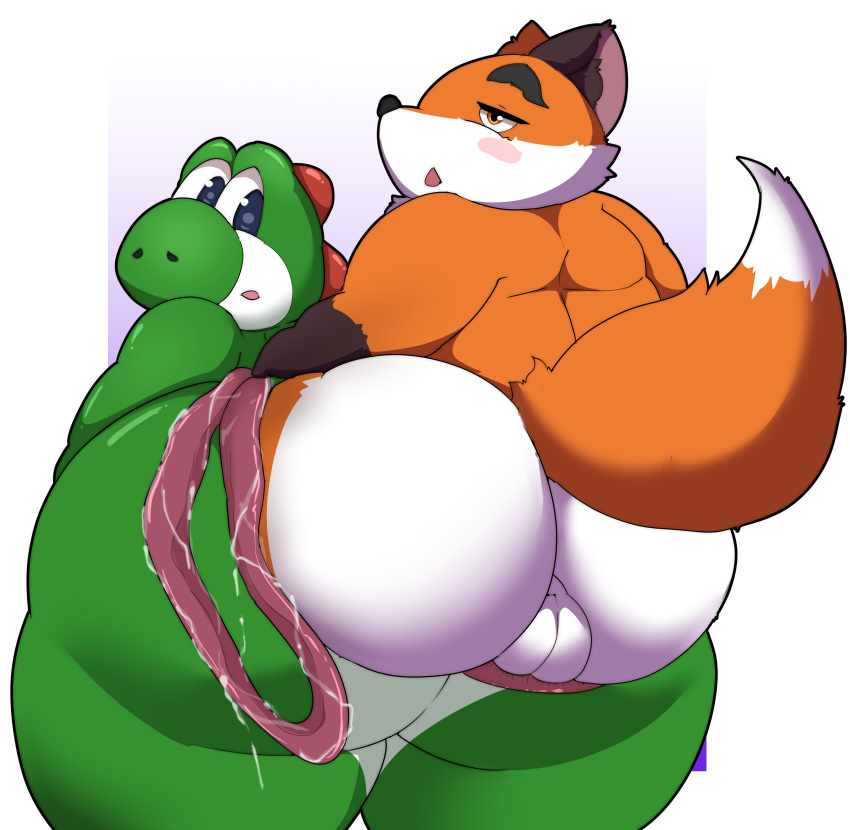 absurd_res adult anthro birth butt canid canine duo fox hi_res kusosensei male mammal mario_bros nintendo nude surprise tired yoshi