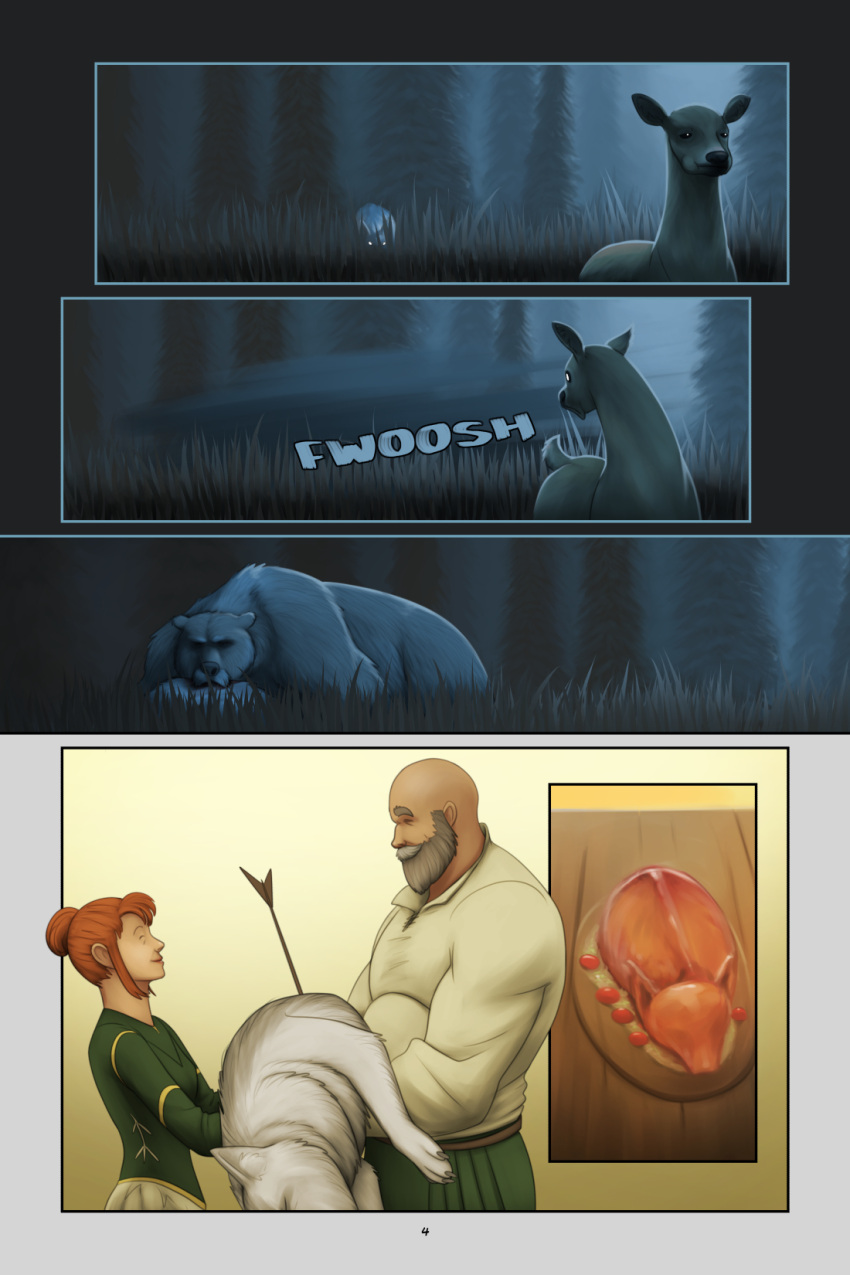 age_difference arrow_(weapon) awarebear bald bear beard bite canid canine canis clothed clothing comic deer duo facial_hair female feral food forest forest_background grass hair head_turned hi_res human hunting male mammal nature nature_background older_male onomatopoeia plant predatory_look ranged_weapon red_hair roast smile sound_effects tall_grass text tree weapon were wereursid wolf