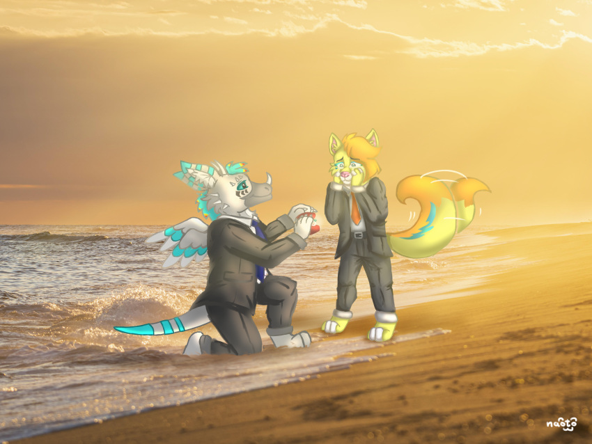 &lt;3 absurd_res anthro beach canid canine dragon duo dutch_angel_dragon female fox hi_res love male male/female mammal marriage_proposal marriage_ring married married_couple naoto sea seaside sunset taken water wedding