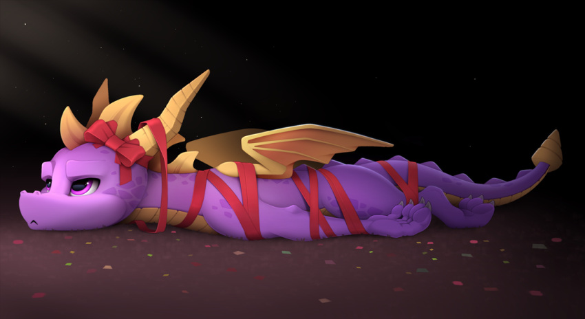 activision arms_tied bound bow_ribbon christmas confetti dragon feral folded_wings frown frowney_face holidays horn legs_tied male purple_body red_ribbon reptile ribbons scales scalie solo spyro spyro_the_dragon wings yakovlev-vad