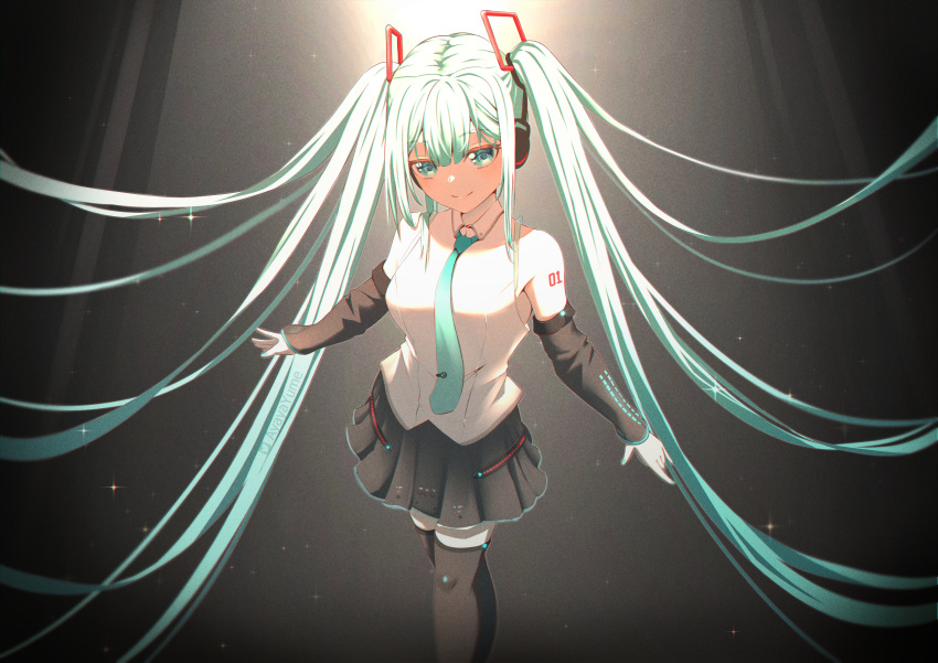 1girl absurdres aqua_eyes aqua_hair aqua_nails aqua_necktie backlighting bare_shoulders black_background black_skirt black_sleeves black_thighhighs commentary detached_sleeves floating_hair from_above hair_ornament hatsune_miku hatsune_miku_(vocaloid4) headphones highres long_hair looking_at_viewer miniskirt nail_polish necktie pleated_skirt shirt shoulder_tattoo sinyamato96 skirt sleeveless sleeveless_shirt smile solo sparkle spotlight symbol-only_commentary tattoo thighhighs twintails v4x very_long_hair vocaloid white_shirt zettai_ryouiki