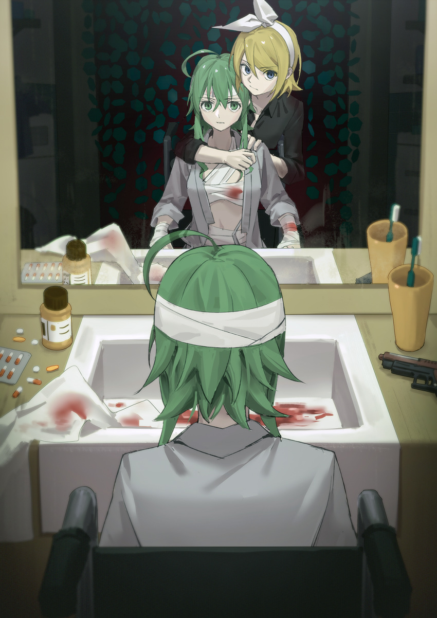 2girls bandaged_arm bandaged_chest bandaged_head bandages bathroom black_shirt blonde_hair blood blood_on_bandages blue_eyes bottle bow bow_hairband commentary cup different_reflection from_behind green_eyes green_hair grey_robe gumi gun hair_bow hairband hand_on_another's_shoulder highres hug hug_from_behind indoors kagamine_rin mirror multiple_girls pill reflection robe shirt sidelocks sink sitting toothbrush vocaloid weapon wheelchair white_bow wounds404