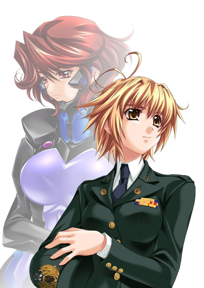 2girls absurdres bangs black_necktie blonde_hair bou breasts brown_eyes collared_shirt fortified_suit frown green_headwear green_jacket hat hat_removed headwear_removed highres holding holding_clothes holding_hat isumi_akira isumi_michiru jacket kimi_ga_ita_kisetsu looking_down looking_to_the_side medium_breasts military military_hat military_uniform multiple_girls muvluv muvluv_alternative necktie official_art red_eyes red_hair shirt short_hair siblings sisters uniform white_background white_shirt