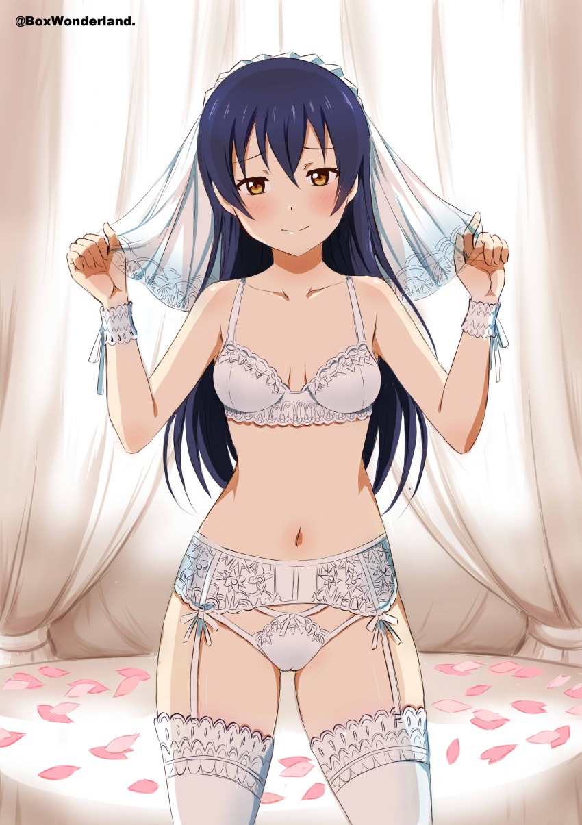 1girl absurdres bangs bed blue_hair blush box_wonderland bra breasts bridal_garter bridal_lingerie bridal_veil collarbone commentary cowboy_shot curtains day garter_belt garter_straps hands_up highres indoors lace lace_bra light_smile lingerie long_hair looking_at_viewer love_live! love_live!_school_idol_project medium_breasts navel panties petals see-through solo sonoda_umi stomach thighhighs thighs underwear veil white_bra white_headwear white_panties white_thighhighs wrist_cuffs yellow_eyes