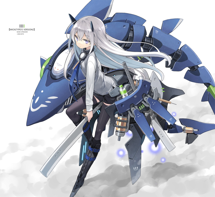 1girl arched_back bangs black_footwear black_shorts boots bottle character_name crossed_bangs from_side full_body grey_hair highres holding holding_sword holding_weapon long_hair long_sleeves looking_at_viewer mecha_musume original poco_(asahi_age) robot short_shorts shorts solo sword thighhighs water_bottle weapon white_background