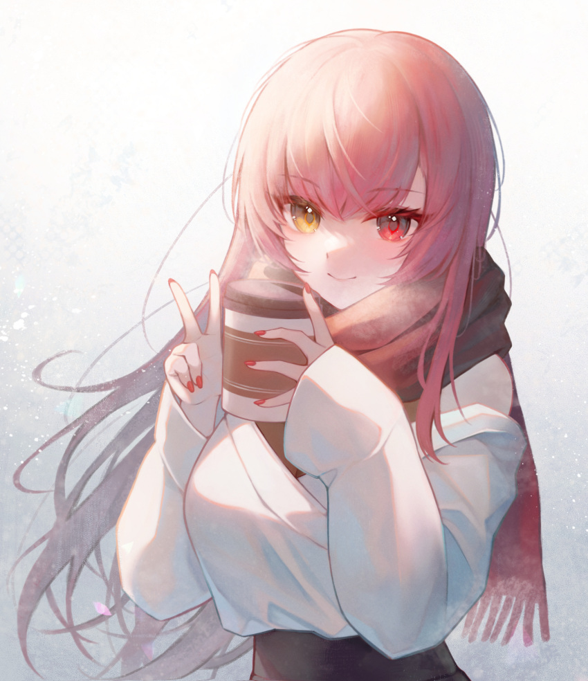 1girl bangs closed_mouth cup heterochromia highres holding holding_cup hololive houshou_marine ijac_ray long_hair long_sleeves looking_at_viewer red_eyes red_hair red_nails scarf sleeves_past_wrists smile solo upper_body v virtual_youtuber yellow_eyes