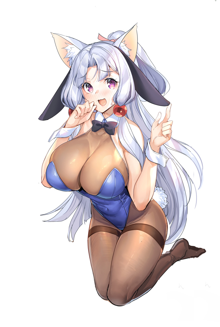 1girl absurdres ajishio animal_ear_fluff animal_ears bangs blush bodysuit bow bowtie breasts fake_tail fox_ears grey_hair hands_up high_ponytail highres kneeling large_breasts long_hair no_shoes open_mouth playboy_bunny purple_eyes rabbit_tail sidelocks simple_background solo tail thighhighs touhoku_itako traditional_bowtie very_long_hair voiceroid white_background wrist_cuffs