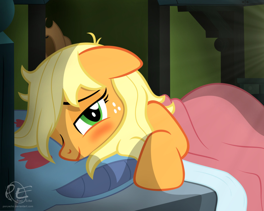 2016 applejack_(mlp) bed bed_hair bedding bedroom blanket blonde_hair blush digital_media_(artwork) ears_down earth_pony equid equine female feral freckles friendship_is_magic furniture green_eyes hair hasbro hi_res horse inside lying lying_on_bed mammal messy_hair missing_accessory my_little_pony on_bed on_model one_eye_closed orange_body pillow pivoted_ears pony ponyecho signature smile smiling_at_viewer solo tired window