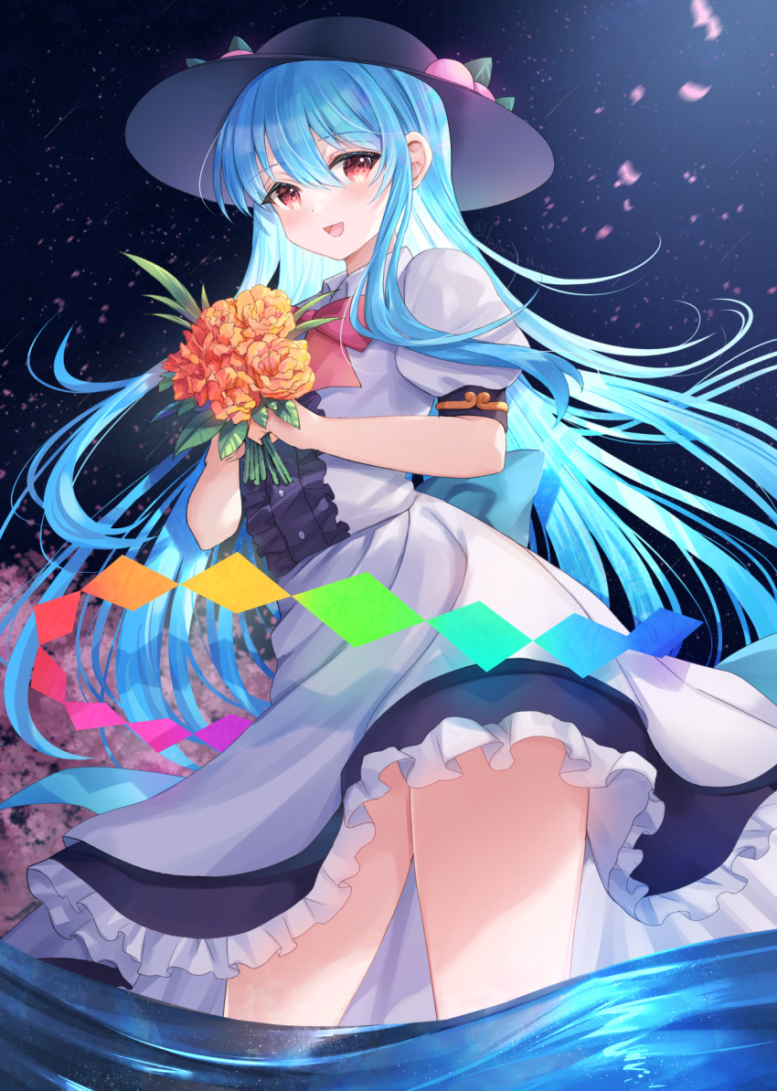 1girl :d black_headwear blue_hair contrapposto flower flower_request food frills from_below fruit fujimori_shiki hat highres hinanawi_tenshi holding long_hair looking_at_viewer motion_blur night night_sky open_mouth orange_flower peach petals puffy_short_sleeves puffy_sleeves red_eyes short_sleeves skirt sky smile solo touhou water