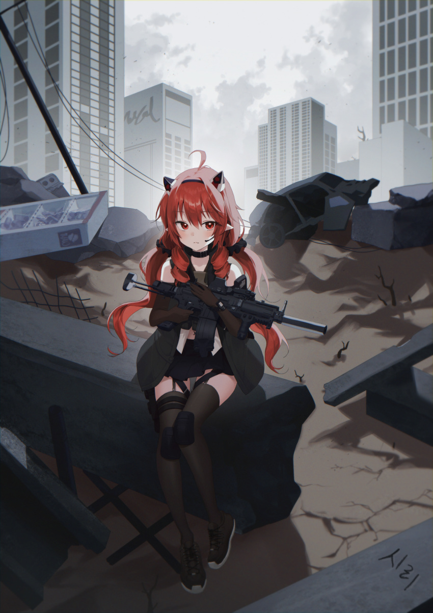 1girl alpha_(ypalpha79) animal_ears bangs blush building car cat_ears choker city cloud cloudy_sky commission crack fake_animal_ears garter_straps gloves ground_vehicle gun hair_ornament hair_scrunchie hairband headset highres holding holding_gun holding_weapon long_hair looking_to_the_side low_twintails midriff military motor_vehicle original pleated_skirt pointy_ears power_lines red_eyes red_hair ringlets rubble ruins scrunchie shirt shoes sitting skirt sky sleeveless sleeveless_shirt sneakers solo thighhighs twintails very_long_hair weapon