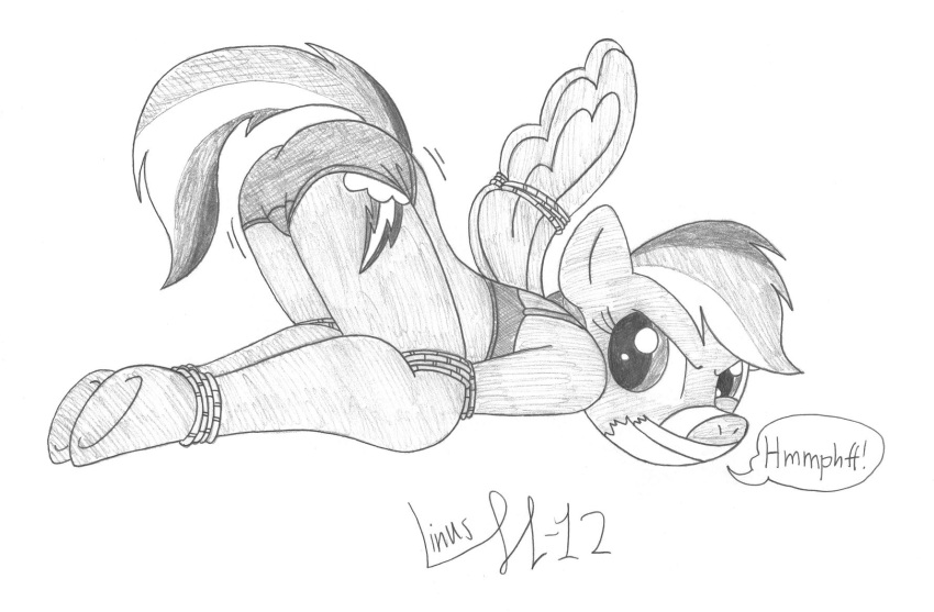 2012 angry anthro anthrofied ass_up bottomwear bound clothing cutie_mark equid equine female friendship_is_magic gag graphite_(artwork) greyscale hair hasbro hi_res hooves legs_tied limpurtikles looking_back lying mammal monochrome motion_lines muffled_speech my_little_pony on_front pegasus pencil_(artwork) rainbow_dash_(mlp) shorts signature simple_background solo speech_bubble tape tape_gag traditional_media_(artwork) underhoof underwear unguligrade_anthro white_background wings wings_tied