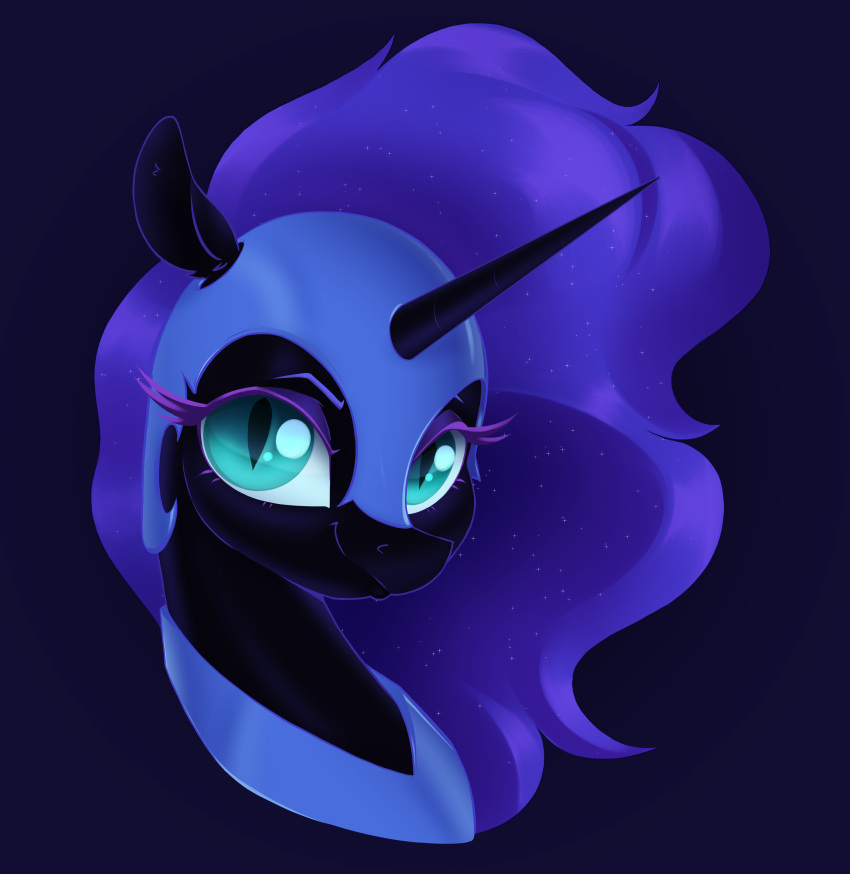 absurd_res aquaticvibes armor black_body blue_background blue_eyes blue_hair bust_portrait digital_media_(artwork) equid equine eyebrows eyelashes female feral friendship_is_magic hair hasbro headgear helmet hi_res horn looking_at_viewer mammal my_little_pony nightmare_moon_(mlp) portrait pupils simple_background slit_pupils smile unicorn