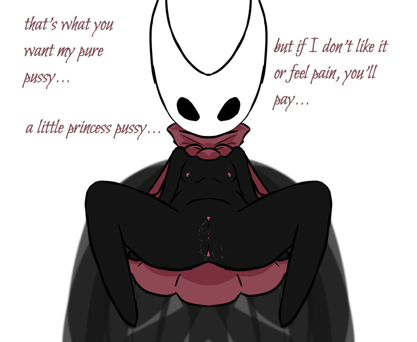 bodily_fluids female flat_chested genital_fluids genitals hi_res hollow_knight honeyu hood hornet_(hollow_knight) male male/female nipples presenting presenting_pussy pussy pussy_juice solo spread_legs spreading tagme team_cherry text