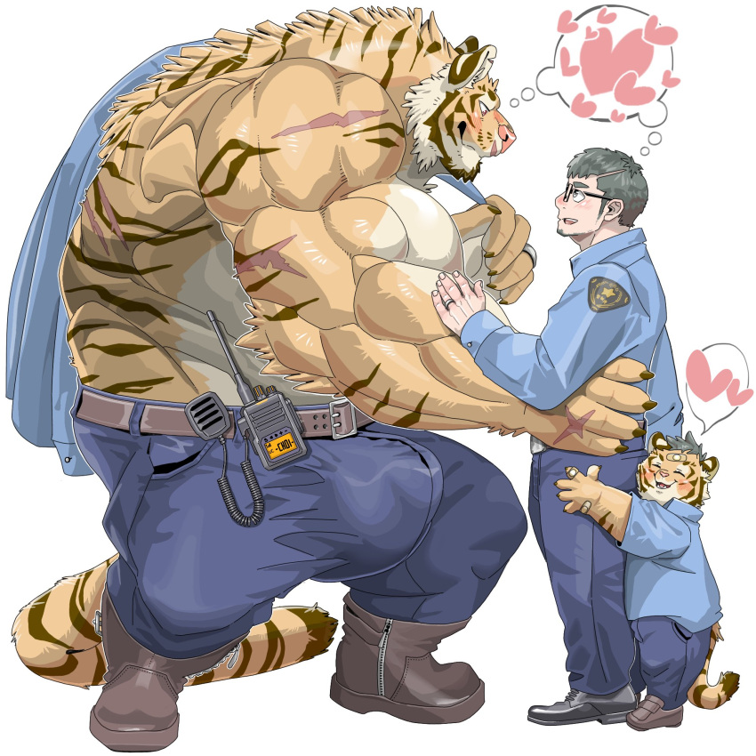 &lt;3 anthro arm_scar back_muscles big_bulge big_muscles blush boots bottomwear brown_hair bulge chan_kiti_chan_(artist) clothing embrace eye_contact eyewear family father father_and_child father_and_son felid footwear fur glasses group hair hand_on_arm hand_on_hip hi_res hug human human_on_anthro interspecies larger_anthro larger_male looking_at_another male male/male mammal multicolored_body multicolored_fur muscular muscular_anthro muscular_male pantherine pants parent parent_and_child police_uniform romantic romantic_couple scar shirtless size_difference son striped_body striped_fur stripes tiger trio uniform white_body white_fur yellow_body yellow_fur