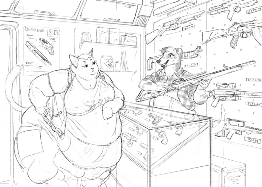 2021 anthro arm_support assault_rifle belly big_belly bottomwear canid canine canis cettus clothed clothing dalmatian domestic_cat domestic_dog duo felid feline felis female glass gun handgun holding_object holding_weapon inside leaning_on_elbow male mammal obese obese_anthro obese_female overweight overweight_anthro overweight_female pants pistol rack_(disambiguation) ranged_weapon rifle sarka_svobodova shirt sketch sniper_rifle store topwear vest weapon