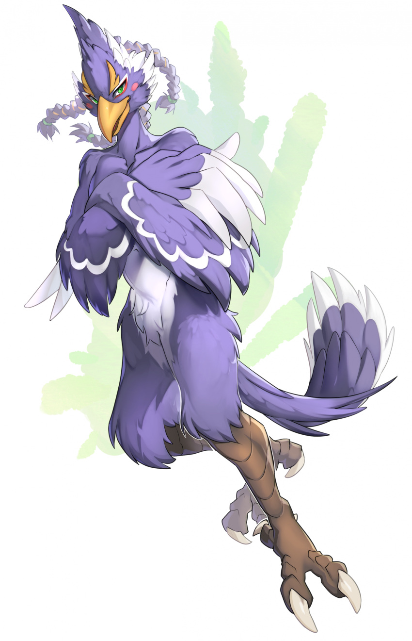 4_toes anisodactyl anthro avian beak bird bird_feet blue_body blue_feathers braided_hair breath_of_the_wild claws crossed_arms feathered_arms feathers featureless_crotch feet green_eyes hair hi_res looking_at_viewer male mioui nintendo nude revali rito solo tail_feathers the_legend_of_zelda toes