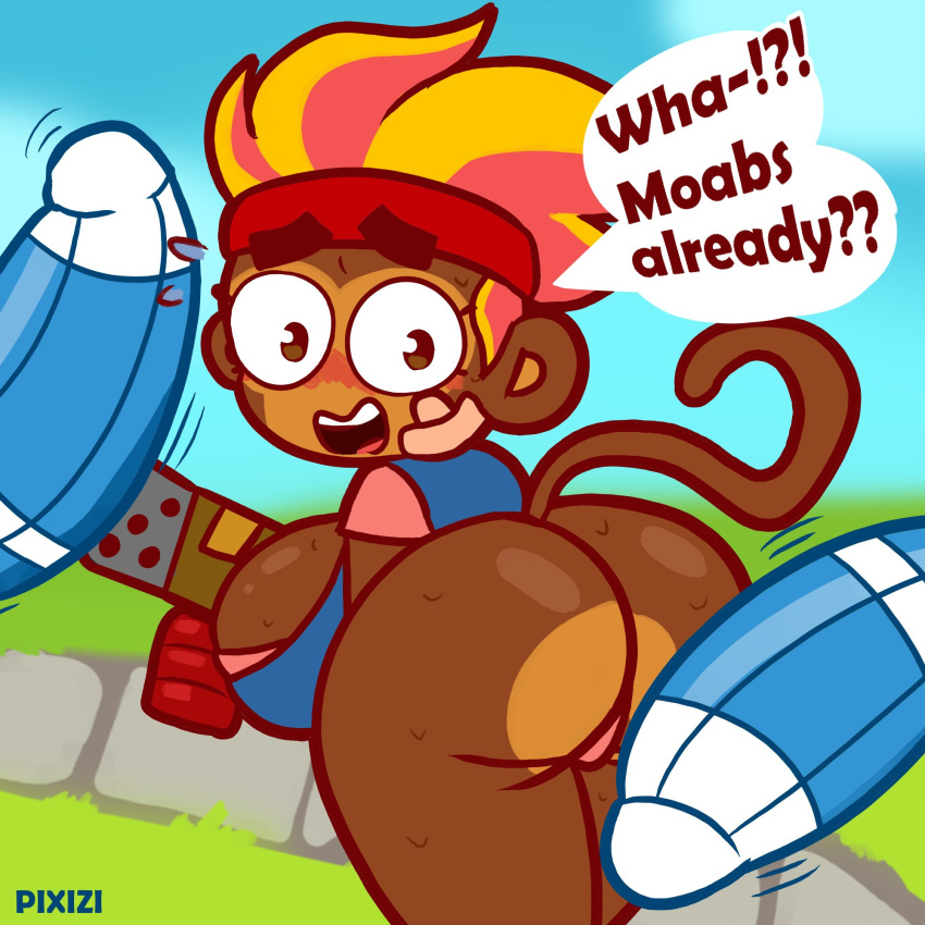 accessory anthro band-aid band-aid_on_face bandage big_breasts big_butt bloons_tower_defense blue_clothing blue_topwear blush bodily_fluids breasts brown_eyes butt clothing dialogue eyelashes female grass gwendolin hair haplorhine headband hi_res imminent_sex looking_back mammal monkey ninja_kiwi open_mouth orange_hair panties pink_clothing pink_panties pink_shirt pink_topwear pink_underwear pixizi plant primate rear_view shirt sky solo speech_bubble sweat sweatdrop text thick_thighs topwear underwear wide_hips