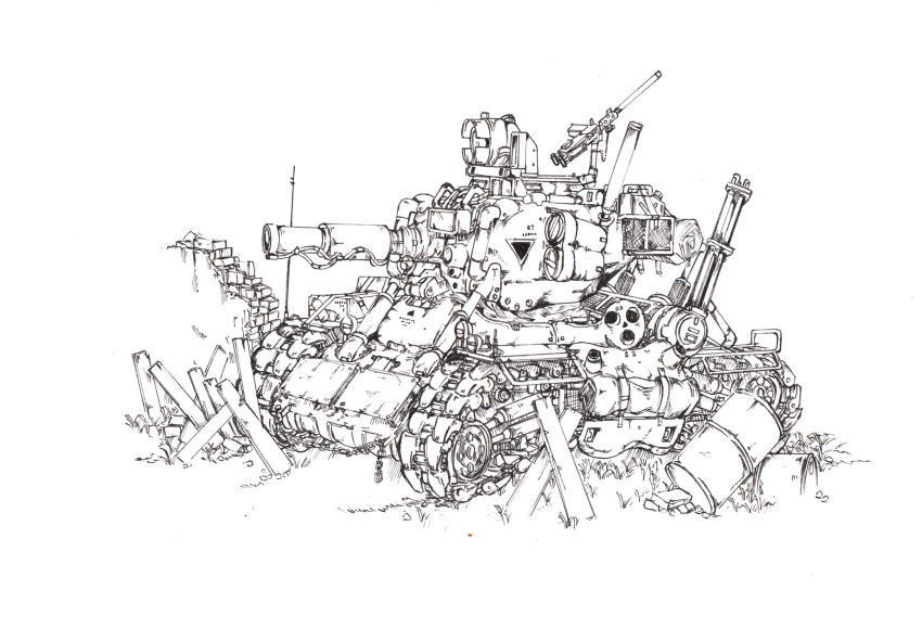 .357mag barrel cannon caterpillar_tracks fence greyscale ground_vehicle gun highres machine_gun metal_slug military military_uniform military_vehicle monochrome motor_vehicle sv001_(metal_slug) tank tank_focus uniform vehicle_focus weapon