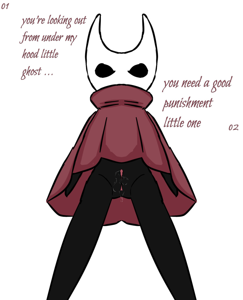 bodily_fluids female first_person_view genital_fluids genitals hi_res hollow_knight honeyu hood hornet_(hollow_knight) male male/female protagonist_(hollow_knight) pussy pussy_juice solo tagme team_cherry text