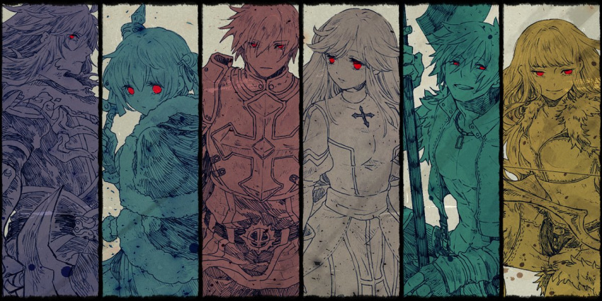 3boys 3girls abs armor assassin_cross_(ragnarok_online) axe bangs belt bio_lab bow_(weapon) breastplate breasts cape cecil_damon chainmail closed_mouth column_lineup commentary_request cowboy_shot crop_top cross dagger double_bun dress elbow_gloves eremes_guile expressionless eyes_visible_through_hair feet_out_of_frame fingerless_gloves fur-trimmed_cape fur-trimmed_gloves fur-trimmed_shirt fur-trimmed_shorts fur_trim garter_straps gauntlets gloves grin hair_between_eyes hair_bun hair_ribbon high_priest_(ragnarok_online) high_wizard_(ragnarok_online) holding holding_axe holding_bow_(weapon) holding_dagger holding_knife holding_staff holding_weapon howard_alt-eisen impossible_clothes impossible_dress jamadhar jewelry juliet_sleeves kathryne_keyron knife long_hair long_sleeves looking_afar looking_at_viewer lord_knight_(ragnarok_online) low-tied_long_hair male_focus margaretha_sorin medium_breasts midriff multiple_boys multiple_girls navel necklace open_clothes open_mouth open_shirt pants parted_lips pauldrons pelvic_curtain pouch puffy_sleeves ragnarok_online red_eyes ribbon sash scarf seyren_windsor shirt short_hair shorts shoulder_armor simple_background skull sleeveless sleeveless_shirt smile sniper_(ragnarok_online) solo spiked_gauntlets spot_color staff swept_bangs tabard tokio_(okt0w0) torn_scarf vambraces very_long_hair weapon whitesmith_(ragnarok_online)