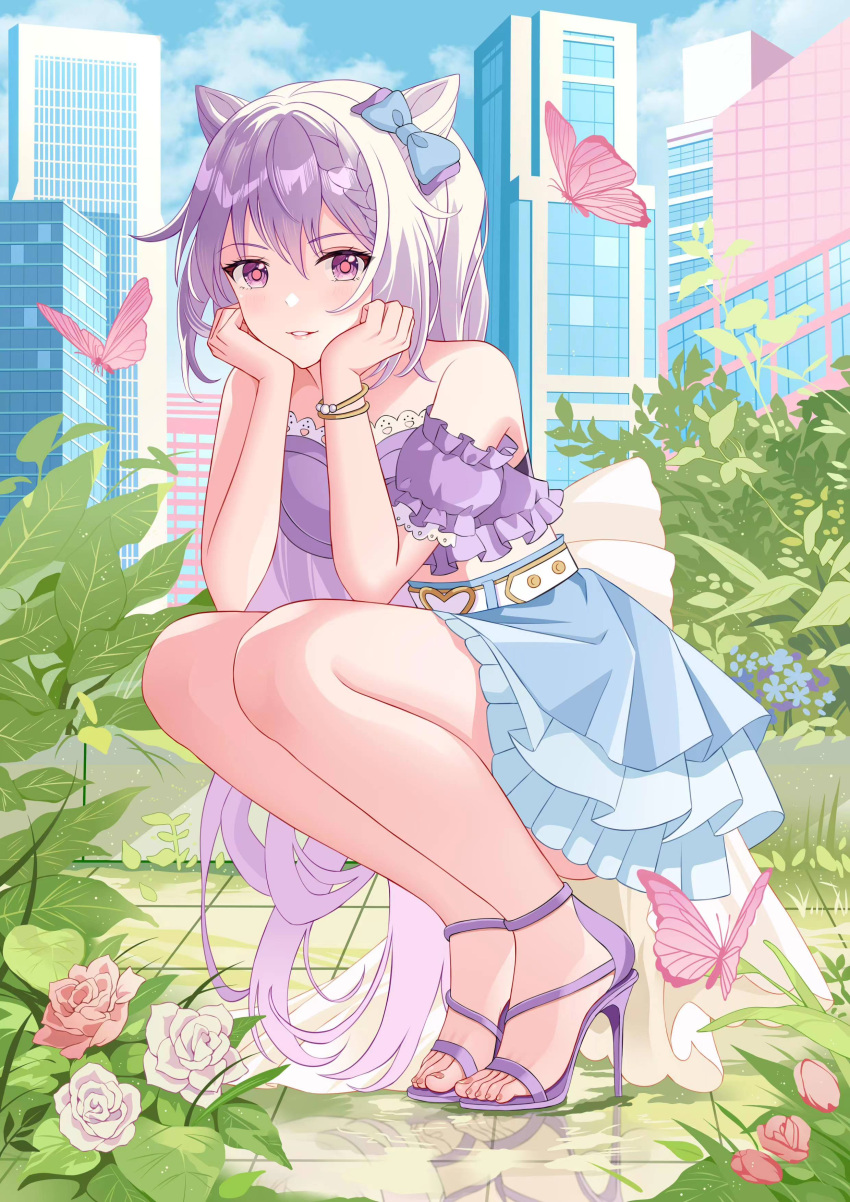 1girl absurdres alternate_costume bangle bangs bare_shoulders blue_bow blue_sky bow bracelet braid bug building butterfly cheek_rest cloud cone_hair_bun contemporary crop_top double_bun elbow_rest feet feng_shao_kky_(arj0522) flower frilled_shirt frilled_skirt frills full_body genshin_impact hair_between_eyes hair_bow hair_bun hands_on_own_face high-waist_skirt high_heels highres jewelry keqing_(genshin_impact) leaf legs long_hair looking_at_viewer miniskirt nail_polish off-shoulder_shirt off_shoulder outdoors parted_lips pink_butterfly pink_flower pink_rose plant purple_eyes purple_footwear purple_hair purple_shirt reflective_floor rose sandals shirt short_sleeves sidelocks skirt sky skyscraper smile solo squatting strappy_heels thighs toenail_polish toenails toes white_flower white_rose