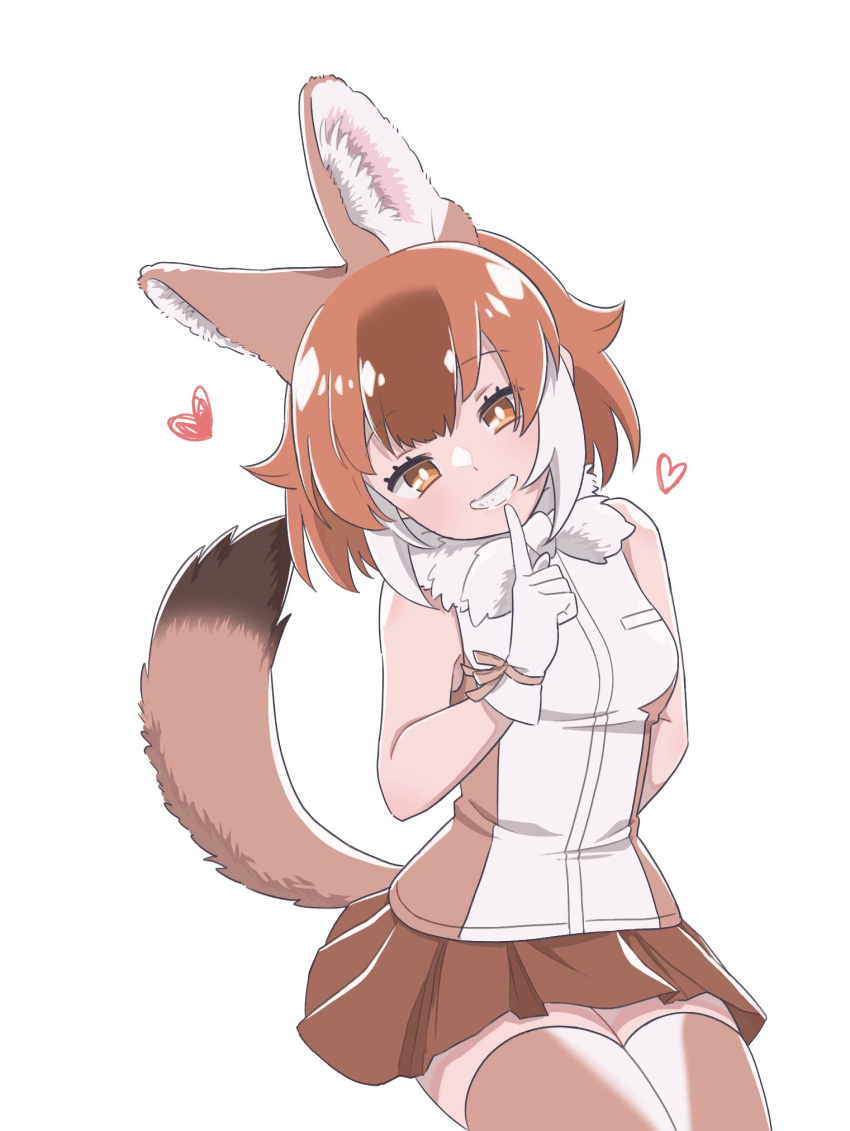 1girl 54_3nu animal_ears bare_shoulders bow bowtie brown_hair brown_skirt brown_thighhighs cowboy_shot dhole_(kemono_friends) dog_ears dog_girl dog_tail finger_to_mouth fur_collar gloves heart highres kemono_friends multicolored_hair orange_eyes pleated_skirt shirt short_hair skirt sleeveless smile solo tail thighhighs two-tone_hair two-tone_thighhighs white_bow white_bowtie white_gloves white_hair white_shirt white_thighhighs zettai_ryouiki