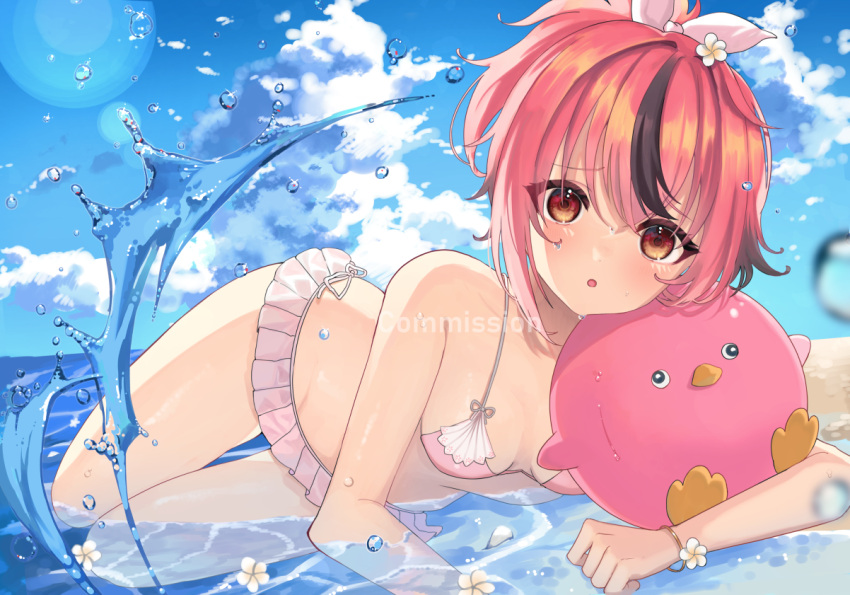 1girl bangs bikini bikini_skirt bird black_hair blush bow bracelet breasts brown_eyes commission day flower hair_bow indie_virtual_youtuber jewelry komoe_(hinagatu) looking_at_viewer lying multicolored_hair ocean on_side open_mouth penguin pink_hair ponytail shiratori_momo sky small_breasts solo streaked_hair swimsuit thigh_gap two-tone_hair virtual_youtuber water water_drop watermark