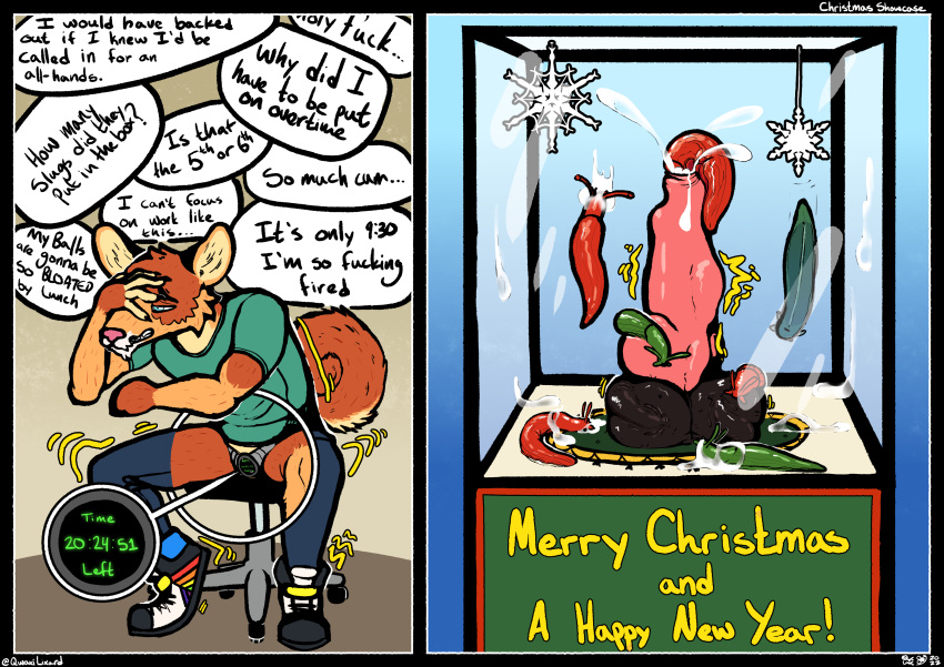 absurd_res animal_genitalia animal_penis ball_bulge balls bestiality bodily_fluids canid canine canine_penis christmas clothing cock_vore creature_inside cum cutaway dialogue display_case exhibitionism feral gastropod genital_fluids genitals glass_box hi_res holidays infestation inside_balls male mammal mollusk penetration penile penis portal portal_panties shaking_legs slug thinking_with_portals thought_bubble timer unprofessional_behavior urethral urethral_bulge urethral_penetration vore