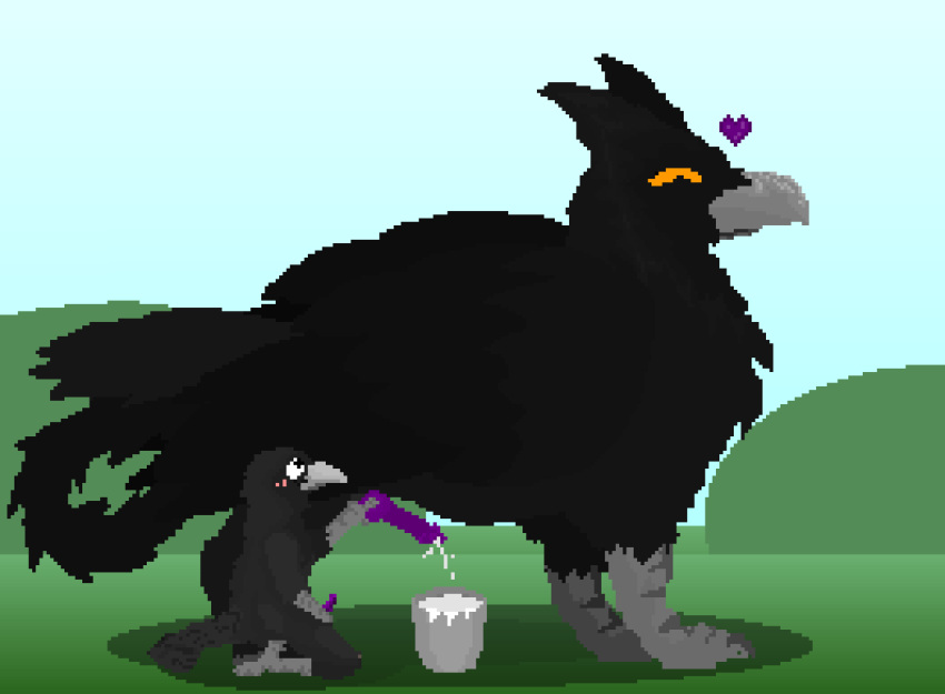 &lt;3 animal_genitalia animal_penis anthro anthro_on_feral avian bestiality bird black_body black_feathers blush bucket bucket_of_semen canine_penis container corvid corvus_(genus) cuervo cum_bucket digital_media_(artwork) dungeons_and_dragons duo ears_up feathers feral genitals gryphon hasbro hi_res kenku knot knot_tugging lupogryph male male/male mythological_avian mythology oscine outside passerine penile penis penis_milking pixel_(artwork) purple_penis raven ravi_(artist) reverie shaded simple_background simple_shading tail_feathers tapering_penis wizards_of_the_coast