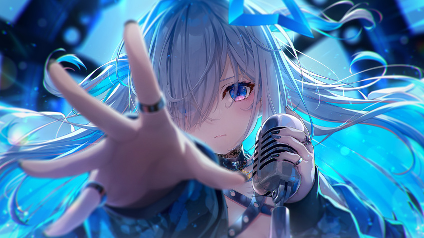 1girl amane_kanata bangs between_breasts black_choker blue_eyes blue_jacket blurry blurry_background blurry_foreground bokeh breasts chain chihiro_ayaka choker closed_mouth commentary_request depth_of_field fingernails floating_hair hair_over_one_eye halo highres holding holding_microphone hololive jacket jewelry lace light_rays long_hair long_sleeves looking_at_viewer makeup microphone nail_polish one_eye_closed outstretched_hand reaching_towards_viewer ring solo splatter_print star_halo straight-on strap strap_between_breasts upper_body