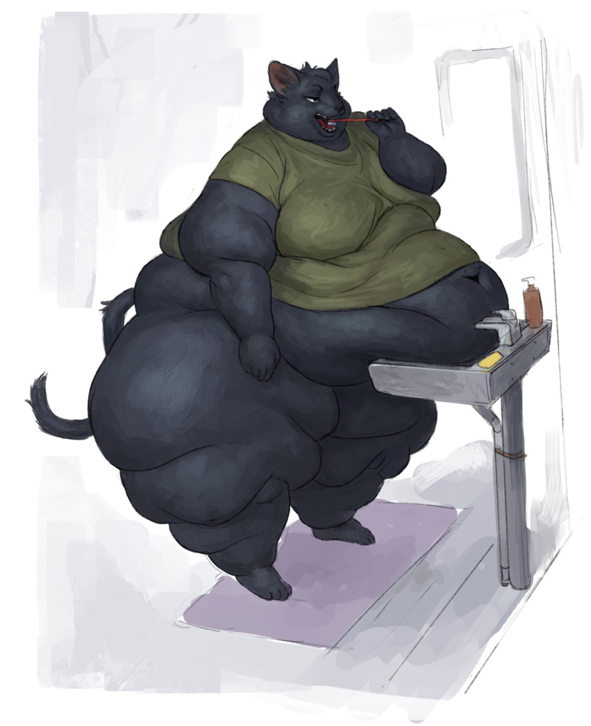 2021 anthro belly big_belly black_body black_fur bottomless brush brushing brushing_teeth cettus clothed clothing domestic_cat felid feline felis female fur hi_res mammal morbidly_obese morbidly_obese_anthro morbidly_obese_female obese obese_anthro obese_female overweight overweight_anthro overweight_female sarka_svobodova shirt sink solo standing toothbrush topwear