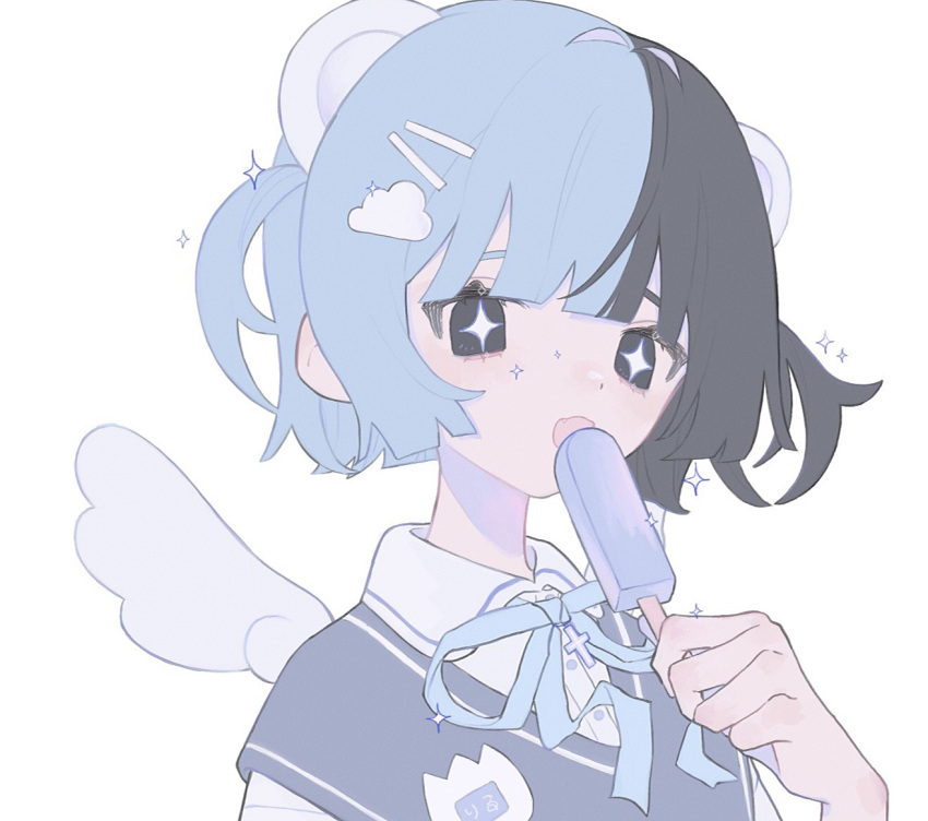 +_+ 1girl :3 am314 angel_wings animal_ears bangs bear_ears bear_girl black_eyes black_hair blue_hair blunt_bangs cloud_hair_ornament collared_shirt cross cross_necklace eating food hair_ornament hairclip holding holding_food ice_cream jewelry multicolored_hair name_tag neck_ribbon necklace open_mouth original popsicle ribbon shirt short_hair smile solo sparkle split-color_hair sweater_vest translation_request two_side_up wings
